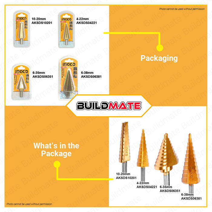BUILDMATE Ingco Step Drill SET Bit 4-22mm to 10-45mm Cone Drill Bit Hole Groove Cutter Bits • IHT