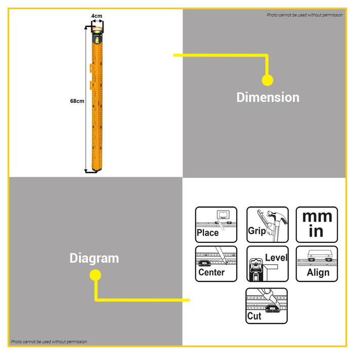 BUILDMATE Ingco 600mm Aluminum Measure Mate Ruler with 2 Vials & Strong Triangular Profile HSR36003 - IHT