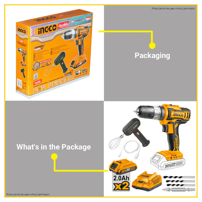 BUILDMATE Ingco 2PCS 20V Cordless Impact Drill with Hand Mixer Drill Combo Kit COSLI231003 - IPX