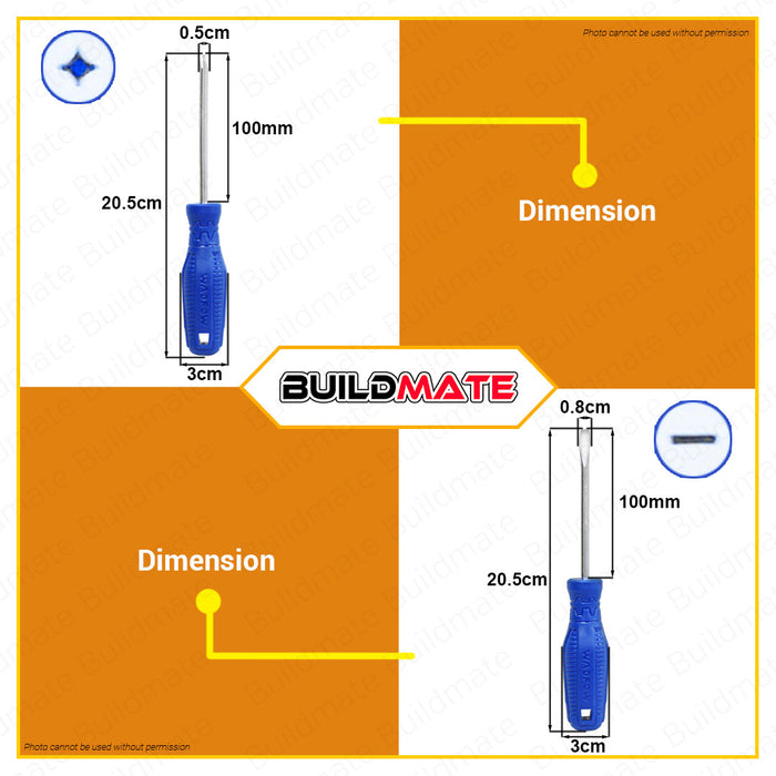 BUILDMATE Wadfow Screwdriver Set 2PCS | 4PCS | 6PCS [SOLD PER SET] Flat & Philip Screwdriver Round Shank & Flathead Screwdriver Slotted Screwdriver Crosshead Screwdriver Repair Tool Kit Hand Tool Set • WHT