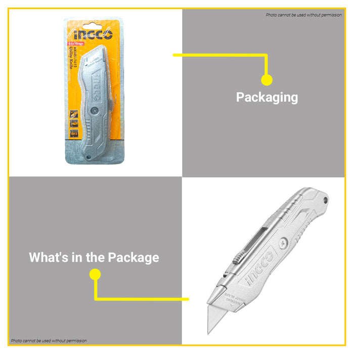 BUILDMATE Ingco Aluminium Alloy Body Auto-Lock Utility Knife With 1pc SK5 Blade HKNS11615 - IHT