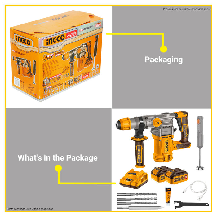 BUILDMATE Ingco 2PCS Lithium-Ion 20V Rotary Hammer with 60W Cordless Hand Blender Combo Kit COSLI231001 - IPX