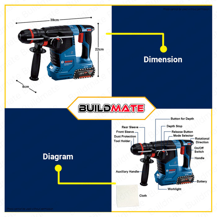 BUILDMATE Bosch Cordless Rotary Hammer Drill 18V 24mm SDS PLUS with One Chuck Concrete Breaker Chipping Gun Engraver GBH187-LI 06119231K0 | 0611923181 | 100% ORIGINAL / AUTHENTIC • BLC