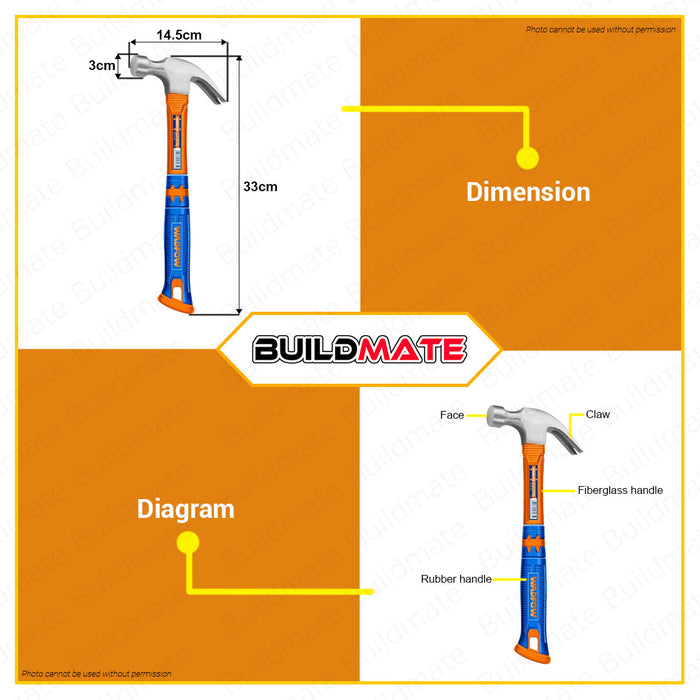 BUILDMATE Wadfow Claw Hammer 16oz | 20oz Unique Design Fiberglass Handle Drop-forged Hammerhead 45# Carbon Steel Non Slip for Contractors, General Laborers, Repair Men, Household Hand Tools WHM3316 | WHM3320 • WHT