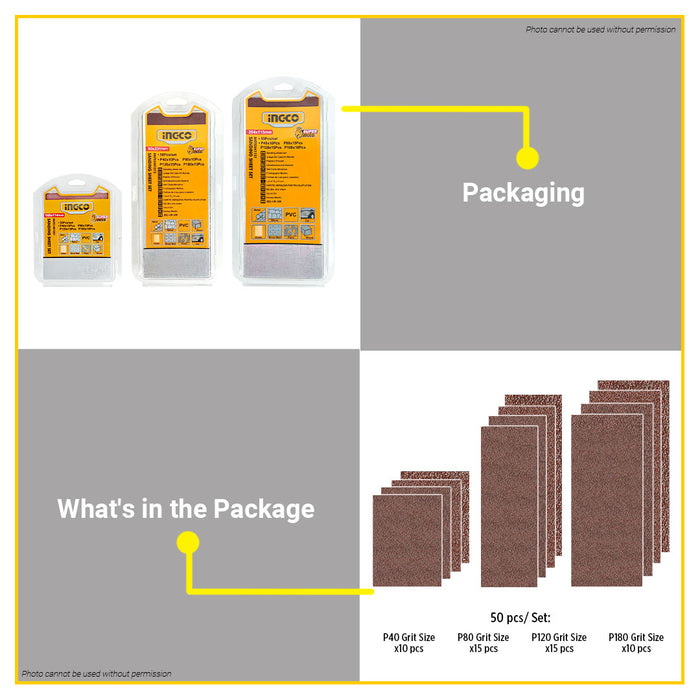 BUILDMATE Ingco 50pcs Sanding Sheet Set P40-P180 Abrasive Finishing Sandpaper Polishing Sheet Sanding Pad SOLD PER SET - IHT