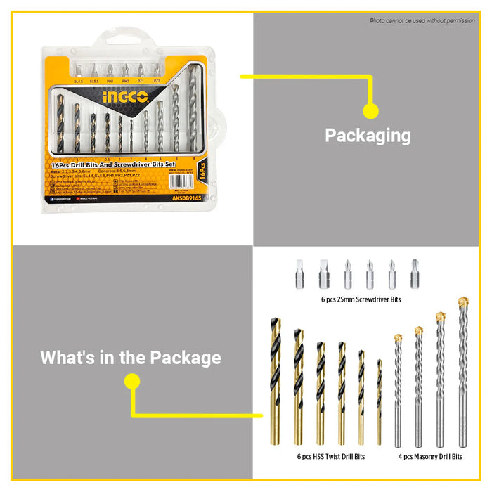 BUILDMATE Ingco 16pcs / 19pcs Drill Bits & Screwdriver Bits Set DIY Tool Bit Assortment Kit AKSDB9165 / AKSDB1901 - IHT