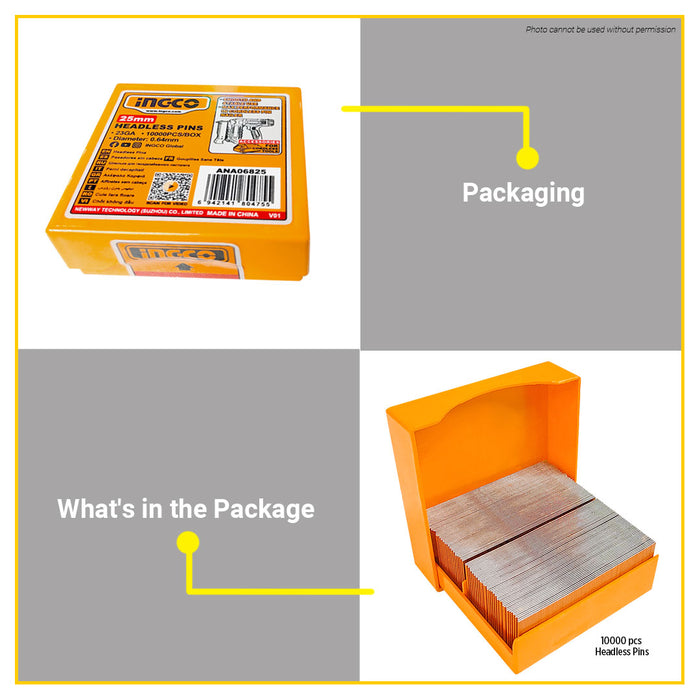 BUILDMATE Ingco 10000PCS/BOX Headless Pins Ø0.64mm Galvanized Steel Brad Pin Nails for Cordless Pin Nailer ANA06825 - IHT