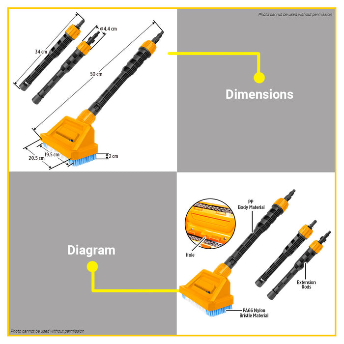 BUILDMATE Ingco Pool Brush 195mm with 2pcs Extension Rods Swimming Pool Scrubbing Wall Floor Cleaning Brush APB30160 - IHT