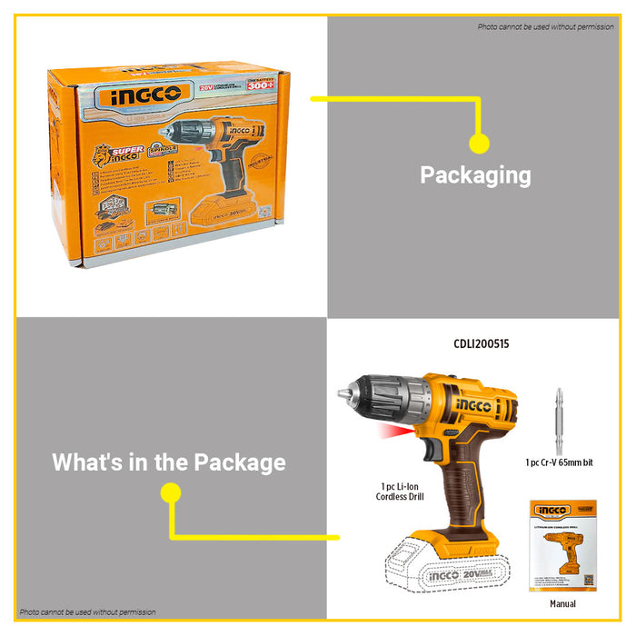 BUILDMATE Ingco Lithium-Ion Cordless Drill 20V 2-Speed Gear High Torque Rechargeable Drill Driver Power Tools - ICPT