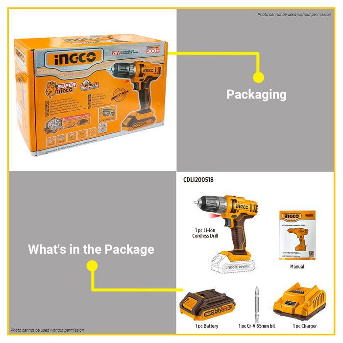 BUILDMATE Ingco Lithium-Ion Cordless Drill 20V 2-Speed Gear High Torque Rechargeable Drill Driver Power Tools - ICPT