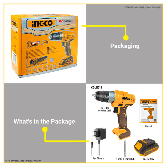 BUILDMATE Ingco 12V Lithium-Ion Cordless Drill 20N.m / 25N.m Rechargeable Drill Driver with Integrated Work Light Power Tools - ICPT