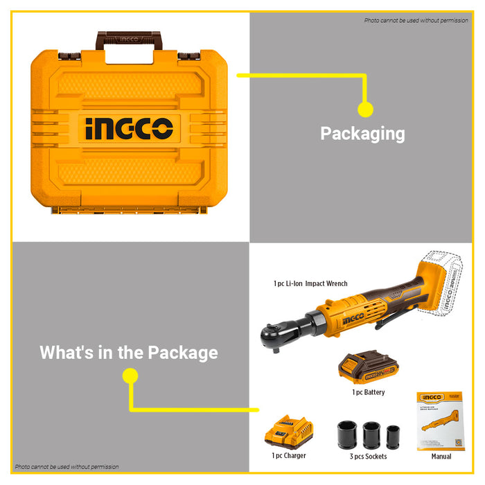 BUILDMATE Ingco 20V Lithium-Ion Cordless Drive Ratchet 65Nm High Torque Rechargeable Power Ratchet Tool CDRLI2060152 - ICPT