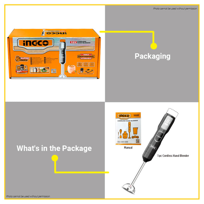 BUILDMATE Ingco Lithium-Ion 16V Cordless Hand Blender 100W Rechargeable 5-Speed Handheld Stick Immersion Blender - ICPT