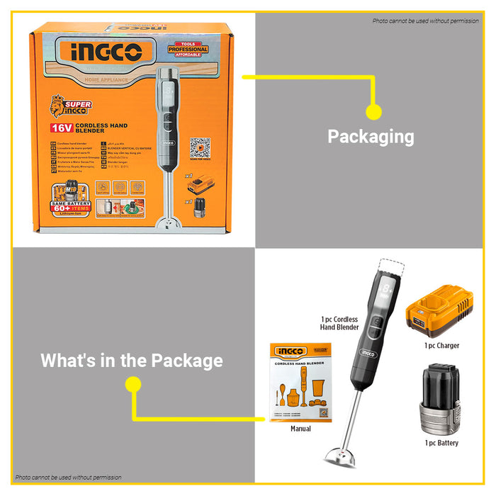 BUILDMATE Ingco Lithium-Ion 16V Cordless Hand Blender 100W Rechargeable 5-Speed Handheld Stick Immersion Blender - ICPT