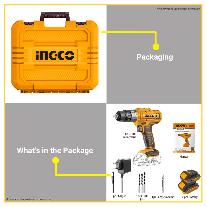 BUILDMATE Ingco Lithium-Ion Cordless 20V Impact Drill 25N.m 2-Speed Gear Rechargeable Drill Driver CIDLI1228 - ICPT