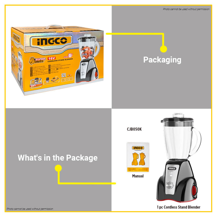 BUILDMATE Ingco 1.5L Cordless Stand Blender Juicer Smoothie Shaker 2-Speed Control with Pulse Fruit Blender - ICPT