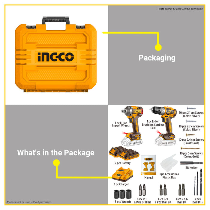 [EXCLUSIVE] BUILDMATE Ingco 2pcs Brushless 20V Cordless Combo Kit Lithium-Ion ( Impact Wrench or Impact Driver ) + Cordless Drill Power Tools Set CKLI20271 / CKLI20272  - ICPT