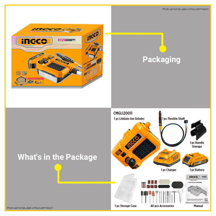 BUILDMATE Ingco Lithium-Ion Cordless 20V Grinder 5000-33000rpm Portable Rechargeable Die Grinder with On Board Accessory Storage - ICPT