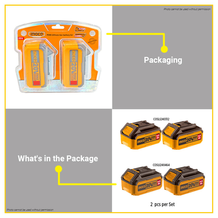 [EXCLUSIVE] BUILDMATE Ingco 2PCS/SET PS20S Lithium-Ion 20V Battery Kit 4.0Ah /5.0Ah Rechargeable Battery Pack Cordless Tool Accessories Kit COSLI240312 / COSLI240464 - IPX