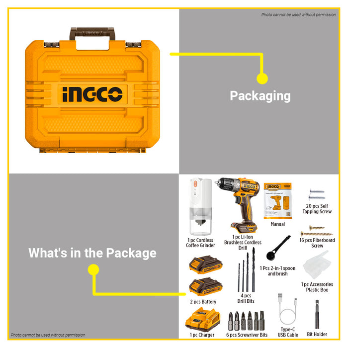 BUILDMATE Ingco 2pcs Cordless Combo Kit 20V Lithium-Ion Brushless Cordless Drill & 15W Coffee Grinder Combo Set COSLI240315 - ICPT