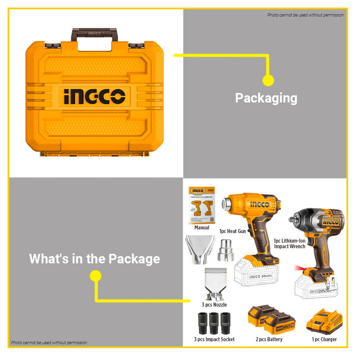 BUILDMATE Ingco 2pcs Cordless Combo Kit 20V Lithium-Ion 300/550°C Heat Gun with 850N.m Brushless Impact Wrench Power Tool Set COSLI240489 - ICPT