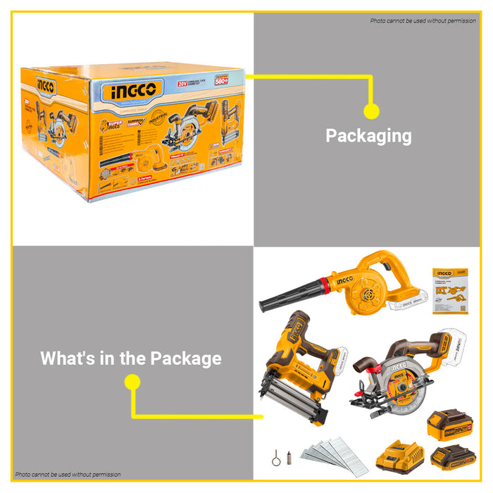BUILDMATE Ingco 3pcs Cordless Combo Kit 20V Lithium-Ion Blower with Brushless Circular Saw & Brad Nailer Power Tool Combo Set COSLI240683 - ICPT