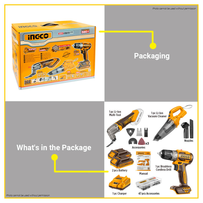 BUILDMATE Ingco 3pcs Cordless Combo Kit 20V Brushless Cordless Drill with Lithium-Ion Vacuum Cleaner & Oscillating Multi-Tool Power Tool Set COSLI240685 - ICPT