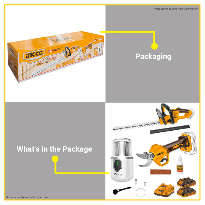 BUILDMATE Ingco 3pcs Cordless Combo Kit 20V Lithium-Ion Hedge Trimmer with Gauge Straight Shear & 90W Cordless Coffee Grinder Combo Tool Set COSLI240688 - ICPT