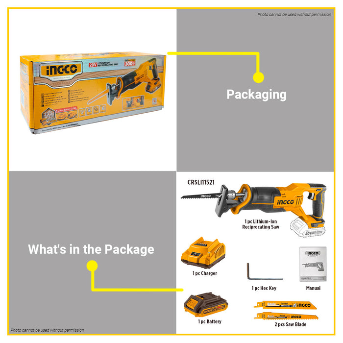 BUILDMATE Ingco 20V Lithium-Ion Cordless Reciprocating Saw 2-Stroke Motor POWERSHARE with Blade for Wood & Metal - ICPT