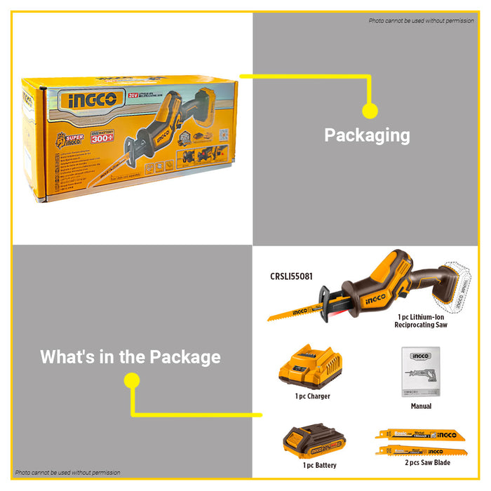 BUILDMATE Ingco Lithium-Ion Reciprocating Saw 20V Rechargeable Metal Wood Sabre Saw with 15Mmm Stroke Length - ICPT