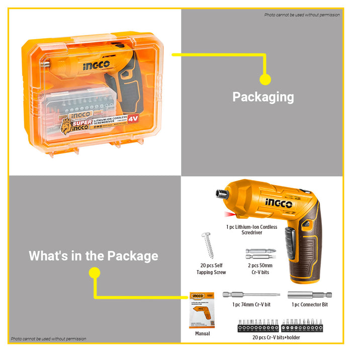 BUILDMATE Ingco Lithium-Ion Cordless Screwdriver with Accessories & Screw Set 4V Compact Rechargeable Screwdriving Power Tool CSDLI04425 - ICPT
