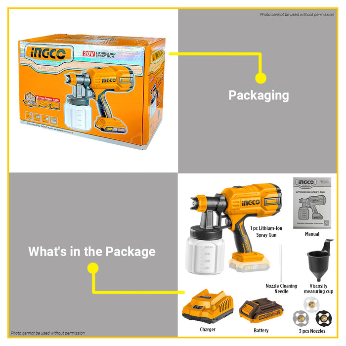 BUILDMATE Ingco 20V Lithium-Ion Cordless Spray Gun 800ML Paint Spray HVLP Sprayer Gun Power Painter Power Paint Zoom CSGLI20406 - ICPT