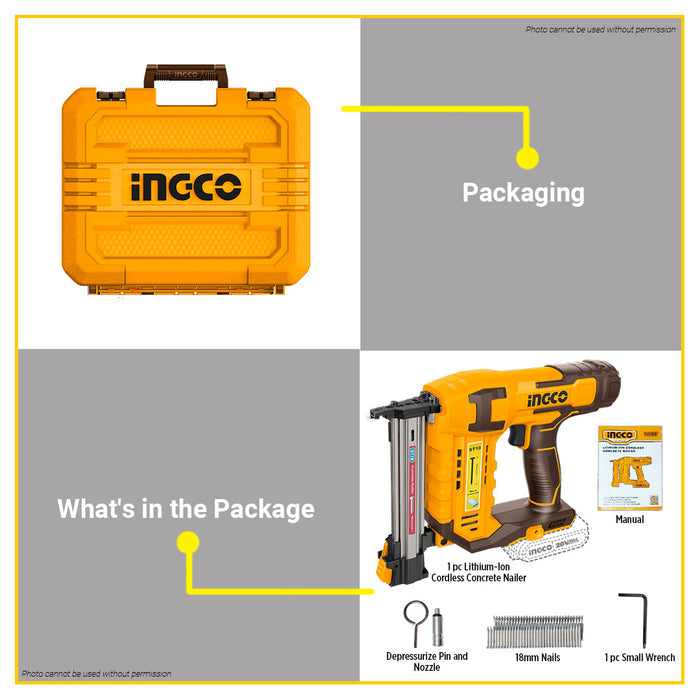 BUILDMATE Ingco 20V Lithium-Ion Cordless Concrete Nailer Pneumatic Air Nail Gun For Woodworking CSTLI3805 -ICPT