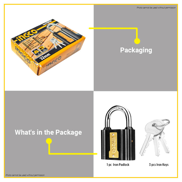BUILDMATE Ingco Iron Padlock 32mm-50mm Short Shackle with 3pcs Iron Keys Anti-Theft Keyed Security Pad Lock - IHT
