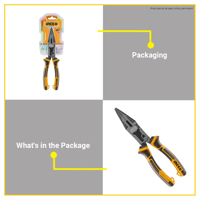 BUILDMATE Ingco Compound Action Long Nose Pliers 8.5" (215mm) Multi-functional Heavy Duty Angled Needle Snipe Pointed Nose Plier HCLNP58200 - IHT