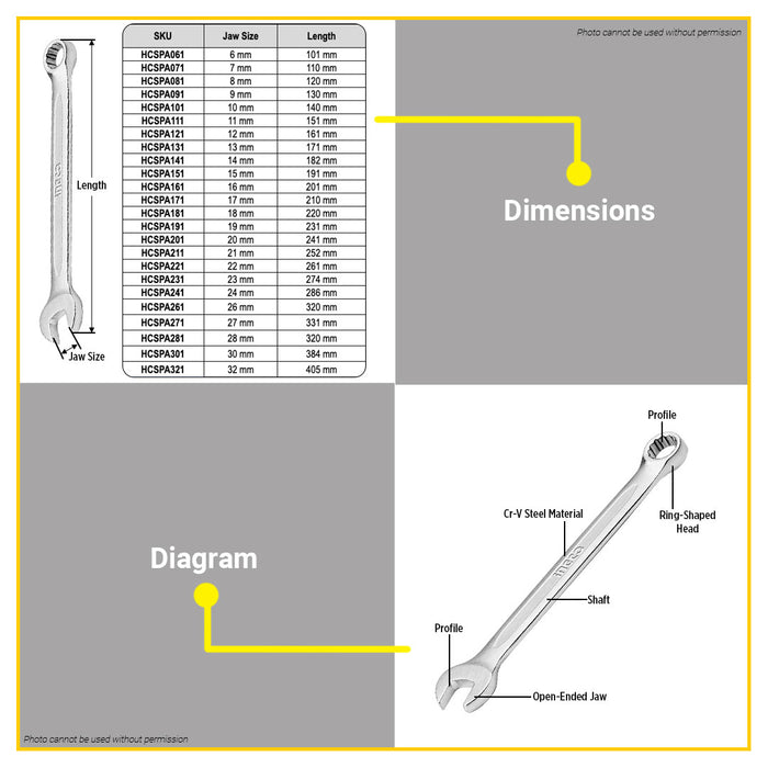 BUILDMATE Ingco Combination Spanner Wrench 6MM - 32MM Cr-V Matte Finish Open End Wrench Hand Tool SOLD PER PIECE - IHT
