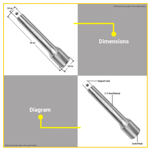 BUILDMATE Ingco 3/4" Extension Bar 200mm Chrome Plated Socket Ratchet Drive Torque Wrench Tool Extension HEB34081 - IHT