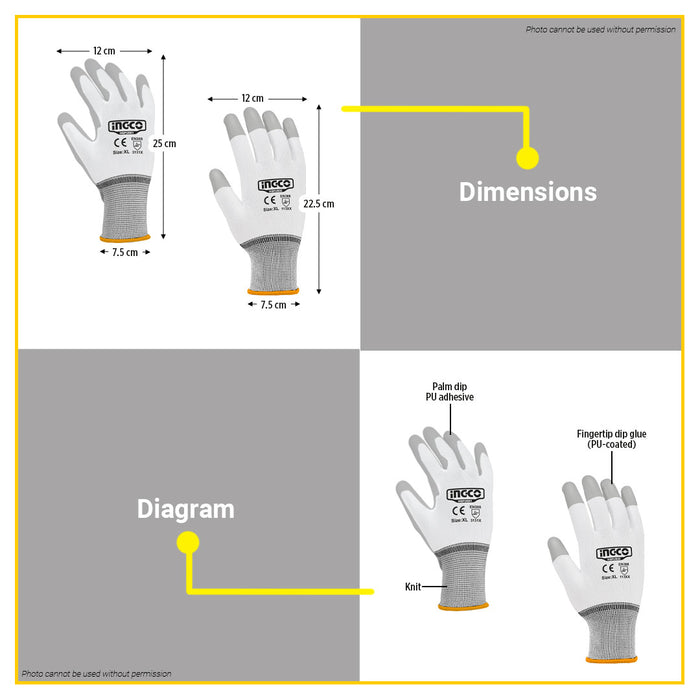 BUILDMATE Ingco PU Coated Gloves XL Safety Work Gloves Protective Gloves Durable Gloves Washable Comfort Grip Gloves Coating Gloves Plumbing Gloves Garden Gloves Cotton Gloves for Hand Protection HGPUG02 • HT2