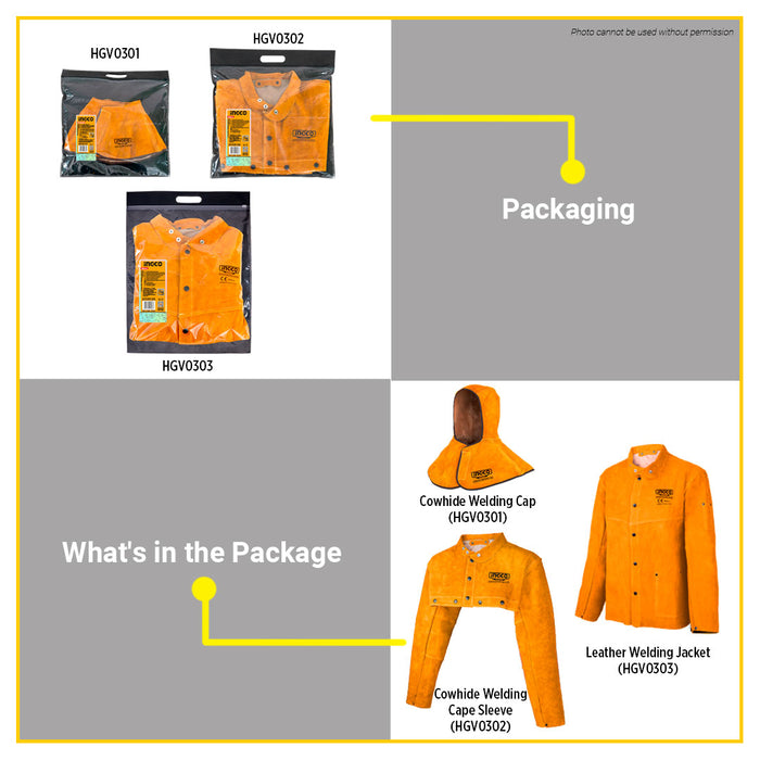 BUILDMATE Ingco Welding Protective Gear Flame-Resistant Cowhide Welding Safety Cap, Shoulder Protector Cape Sleeve, Leather Welding Protective Jacket - IHT