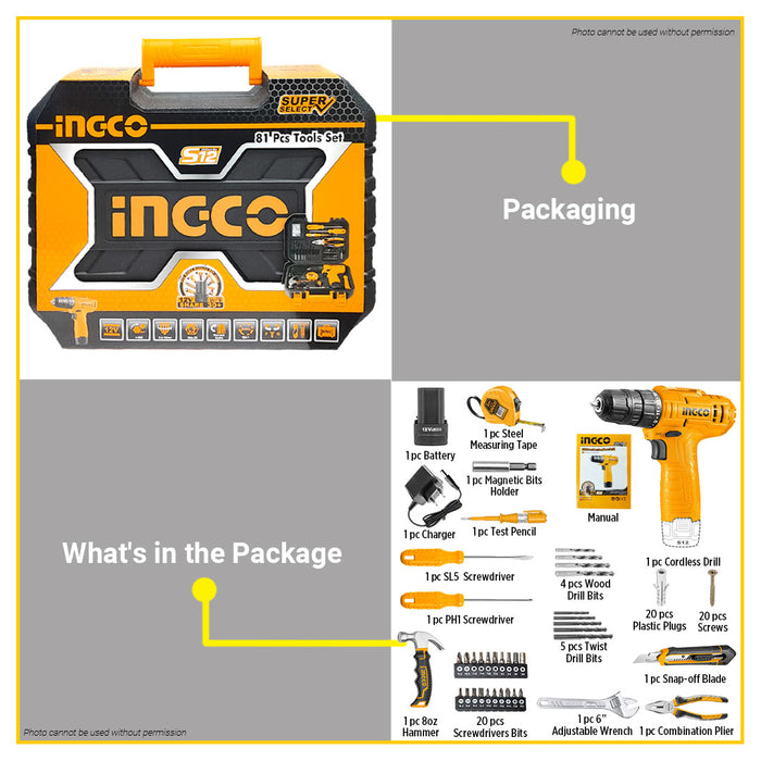 BUILDMATE Ingco Household Tools Set 81pcs / 89pcs Cordless Drill with Hand Tool Kit Combo Mechanic Home Repair Tool Set - ICPT