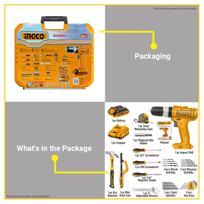 BUILDMATE Ingco 165pcs Household Tools Set Lithium-Ion Impact Drill with Hand Tool Kit Combo Home Repair Tool Set HKTHP11651 - ICPT