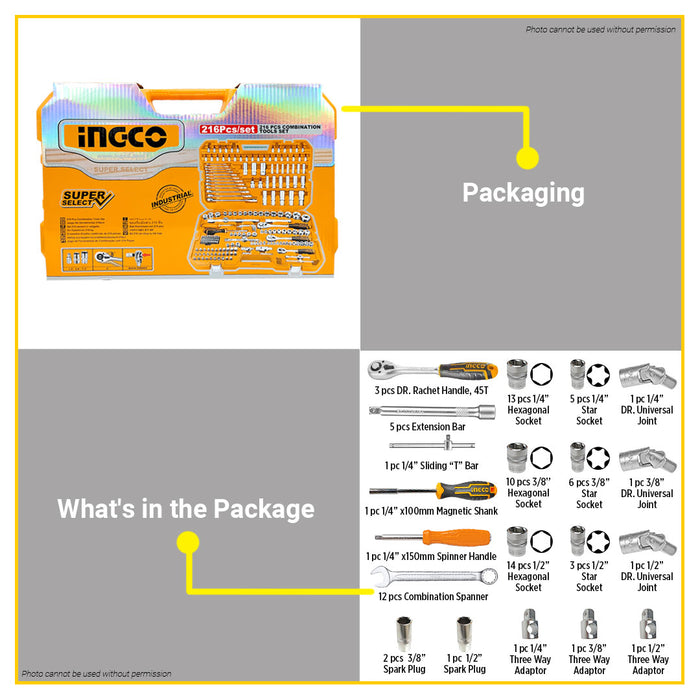 BUILDMATE Ingco 216pcs Combination Tools Set Socket Bit Spanner Accessories for Automotive & Household Hand Tool Kit - IHT