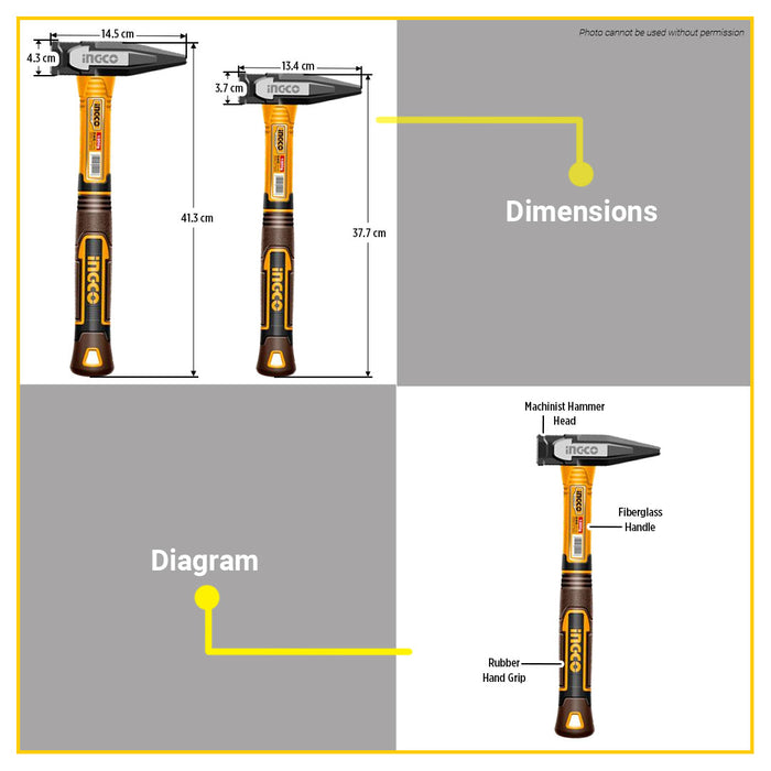 BUILDMATE Ingco Machinist Hammer 1000g / 1500g Heavy Duty Drop-Forged Machining Striking Hammer - IHT