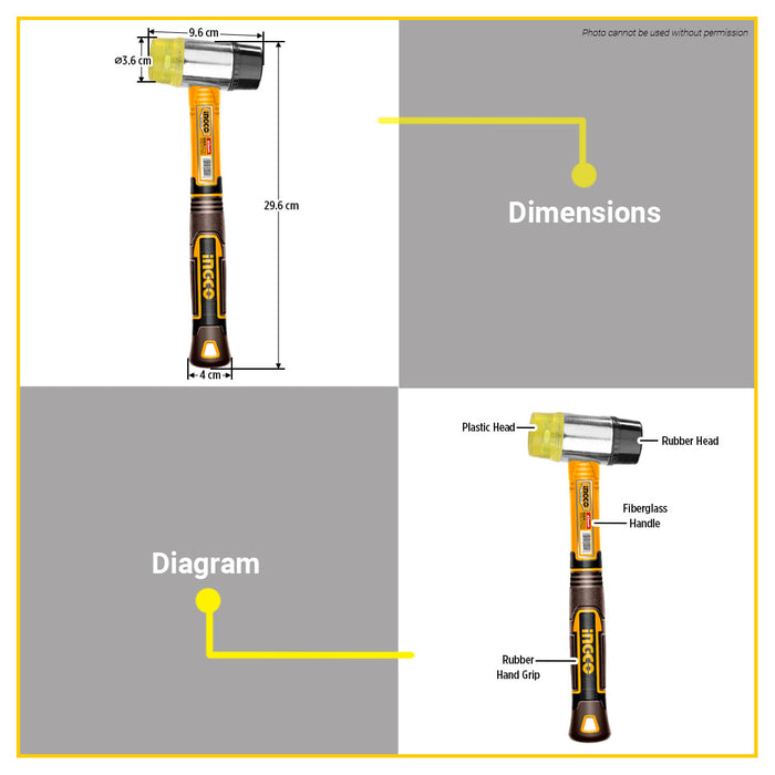 BUILDMATE Ingco Rubber and Plastic Hammer Ø40mm Soft Face Non-Marring Mallet for Woodworking and Automotive HRUH8940 - IHT