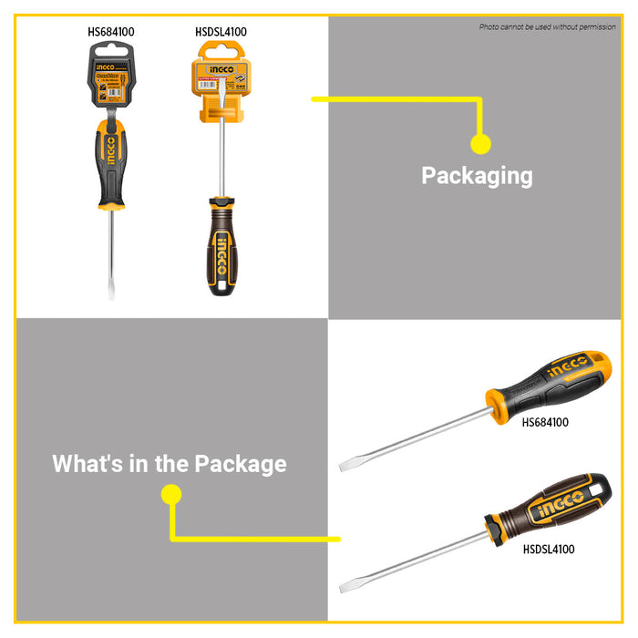 BUILDMATE Ingco Slotted Flat Screwdriver SL4x100mm S2 Magnetic Flathead Round Shank Screw Driver Repair Hand Tools SOLD PER PIECE - IHT
