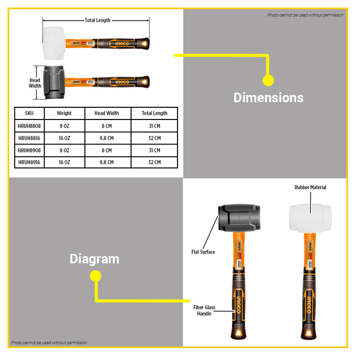 BUILDMATE Ingco Rubber Hammer 8oz / 16oz Non-Marring and Non Spark Rubber Mallet with Fiberglass Handle SOLD PER PIECE - IHT