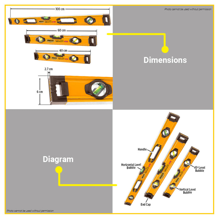 BUILDMATE Ingco 3pcs Spirit Level Set 40cm-100cm Multi-Purpose Bubble Alignment Leveling Measurement Tool Kit HSL10203 - IHT
