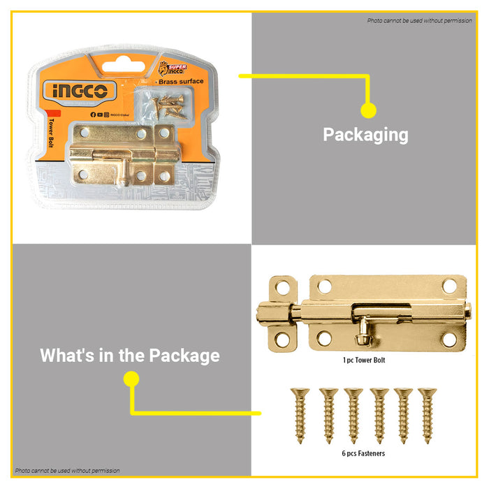 BUILDMATE Ingco Steel Tower Bolt 1.5" - 4" Brass Surface Barrel Latch Lock for Horizontal and Vertical Positions - IHT