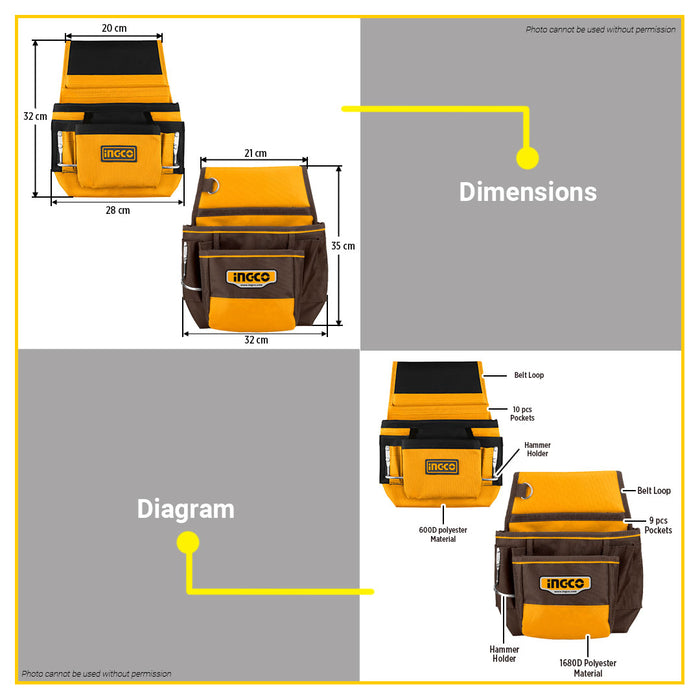 BUILDMATE Ingco Waist Tool Belt Pouch 10kg Max Load Tools Organizer Carrier Holder Utility Holster Pocket Tool Bag - IHT