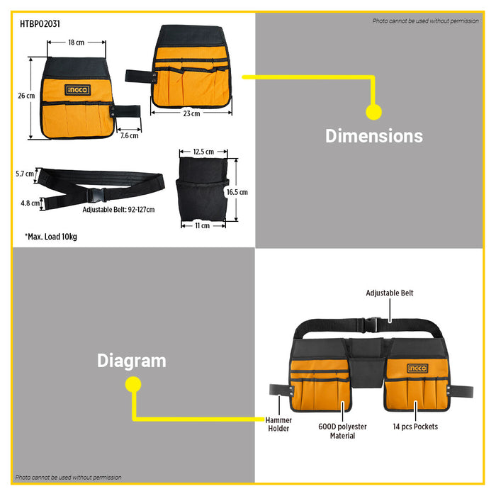 BUILDMATE Ingco Tools Bag with Adjustable Belt Utility Tools Organizer Carrier Holder Electrician Carpenter Belt Bag - IHT